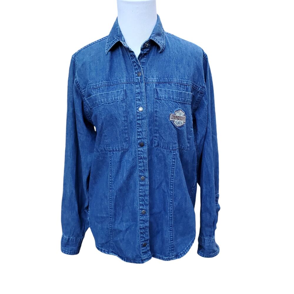 Harley Davidson Blue Denim Chambray Snap Front Top Long Sleeve Emblem Sz S